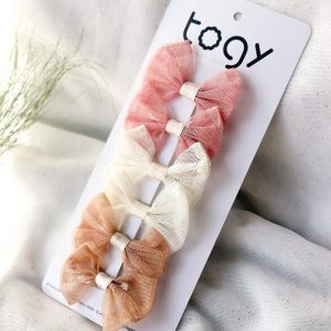Pink, Brown & Ecru Tulle Bow Hair Clip Set