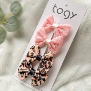 PINK LACE & LEOPARD PRINT BOW HAIR CLIP SET